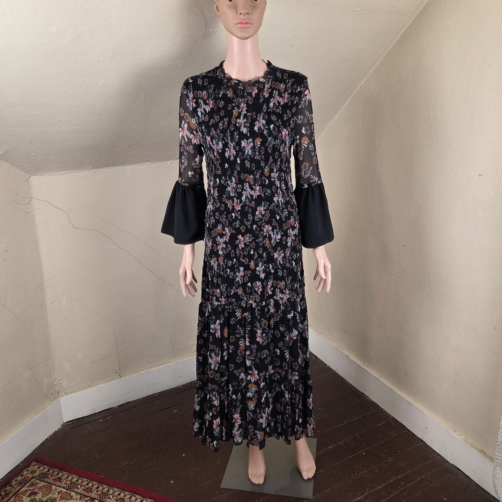 Veronica Beard Floral Smocked Maxi Dress Black‎ Sheer Sleeves Ruffle Hem Size 4